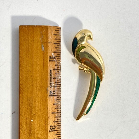Liz Claiborne Parrot Bird Rhinestone Eye Green Enamel Gold Tone Brooch Pin 2.5in - Picture 7 of 8